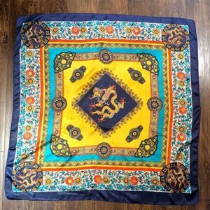 3/$30 EUC 34"x34" Chinese Dragon Blue Red and Gold Square Scarf